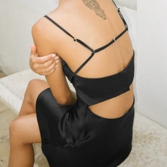 Zara Viral Silky Satin Elegant Black Cut Out Slip Mini Dress Spaghetti Straps - Picture 2 of 11